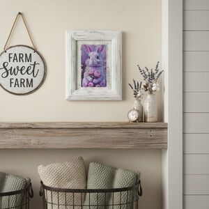 White Distressed plastic  Picture Frame with Purple Bunny Art farmhouse style